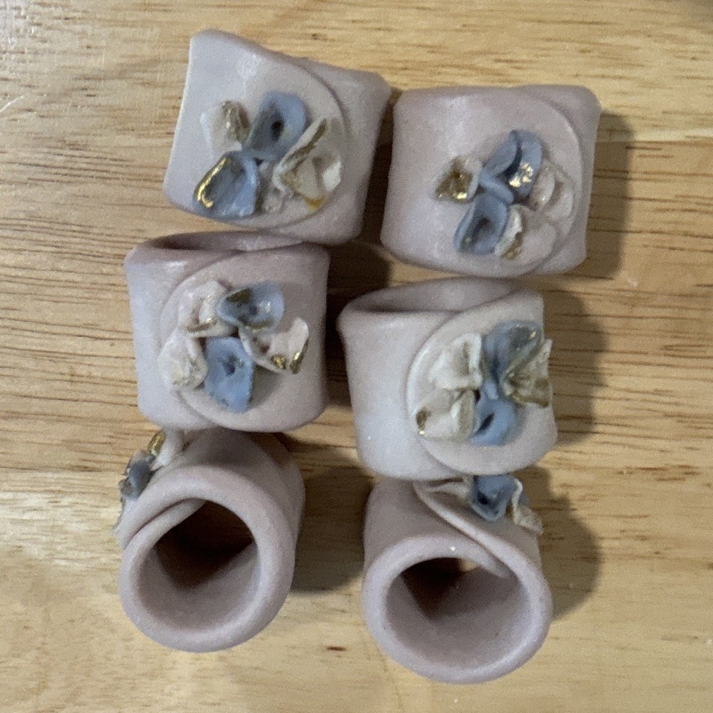 Set of 6 Hand Painted Ceramic Floral Napkin Rings, Pink Blue White Gold